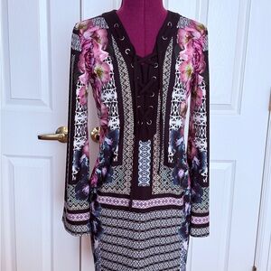 ANTONIO MELANI Black Floral Lace-Up Long Sleeve Dress